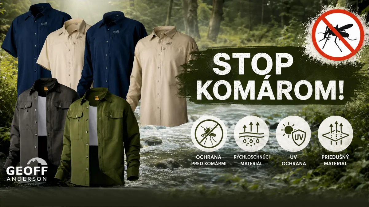 Prodejn� banner Geoff Anderson Stop kom�r�m s p�ehledem letn�ch ko�il Ezmar a jejich v�hodami jako UV ochrana, rychleschnouc� a prody�n� materi�l