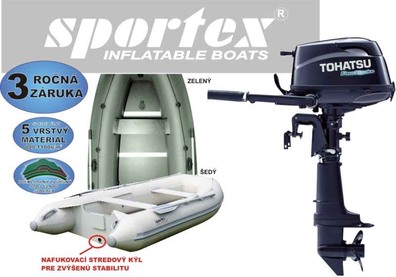 Nafukovací člun SPORTEX 330K zelený+ Tohatsu 5Hp
