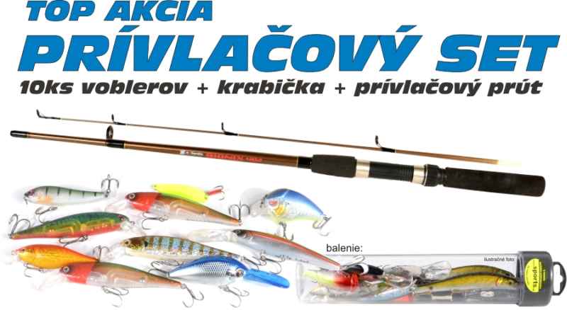 AKCE 10ks woblerů + plastový tubus + Vláčecí prut
